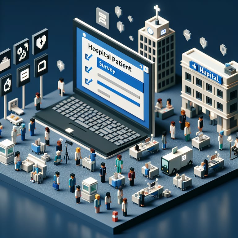 3D voxel art depicting the concept of online hospital patient surveys on a dark blue background.