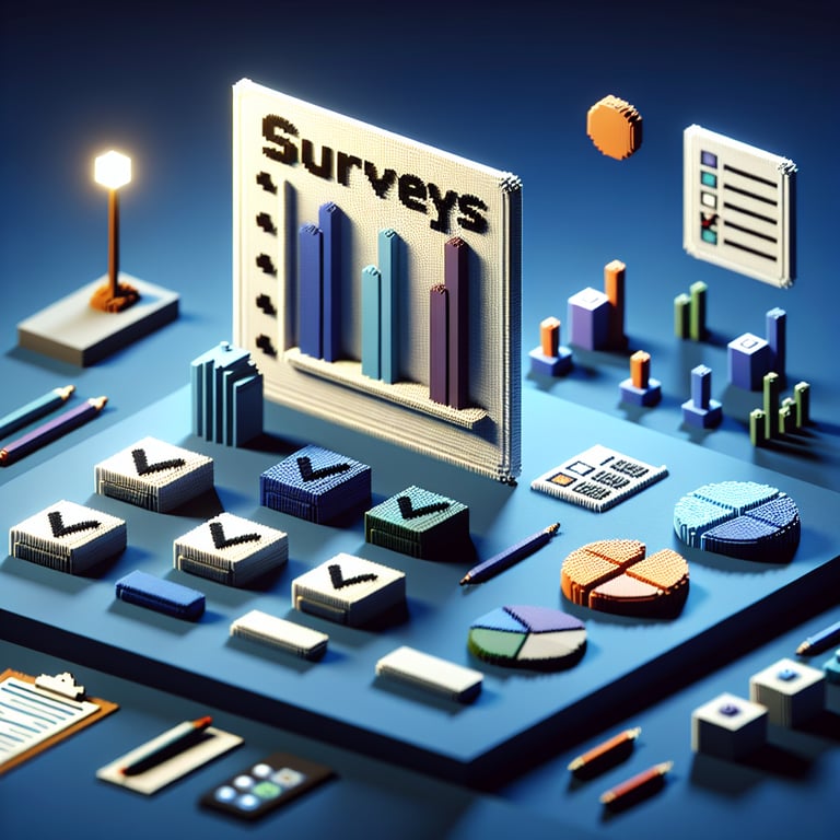 3D voxel art depicting the concept of online research surveys on a dark blue background.