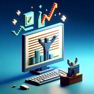 3D voxel art depicting online surveys, symbolizing empowerment survey questions, on a dark blue background.