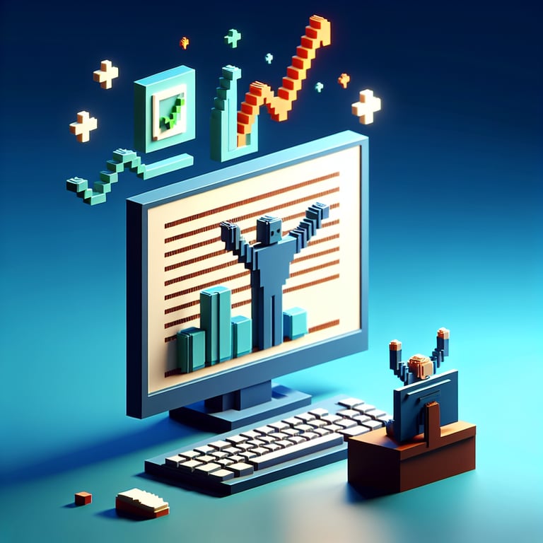 3D voxel art depicting online surveys, symbolizing empowerment survey questions, on a dark blue background.