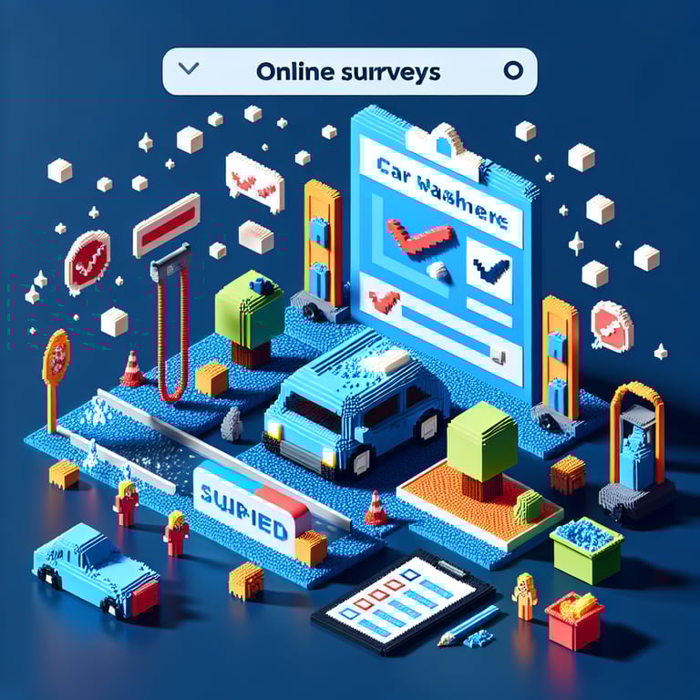 3D voxel art depicting online car wash survey concept on a dark blue background.