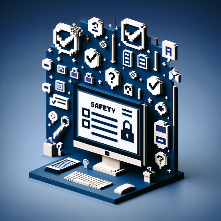 3D voxel art showcasing a risk evaluation survey platform on a dark blue backdrop.