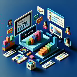 3D voxel art depicting online surveys, symbolizing comprehensive plan survey questions on a dark blue background.