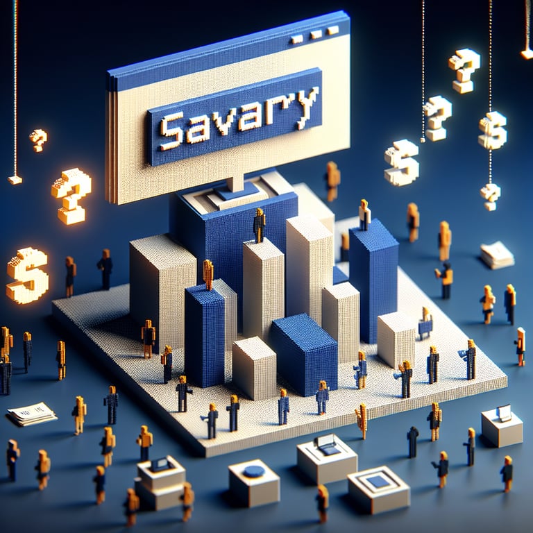 3D voxel art illustrating the concept of online salary survey template questions on a dark blue background.