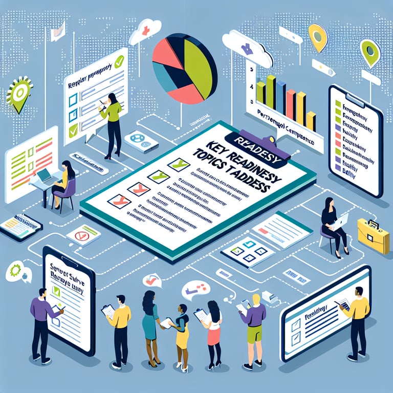 Illustration of key readiness topics to address in your readiness survey questions.