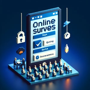 3D voxel art depicting the concept of online client service surveys on a dark blue background.