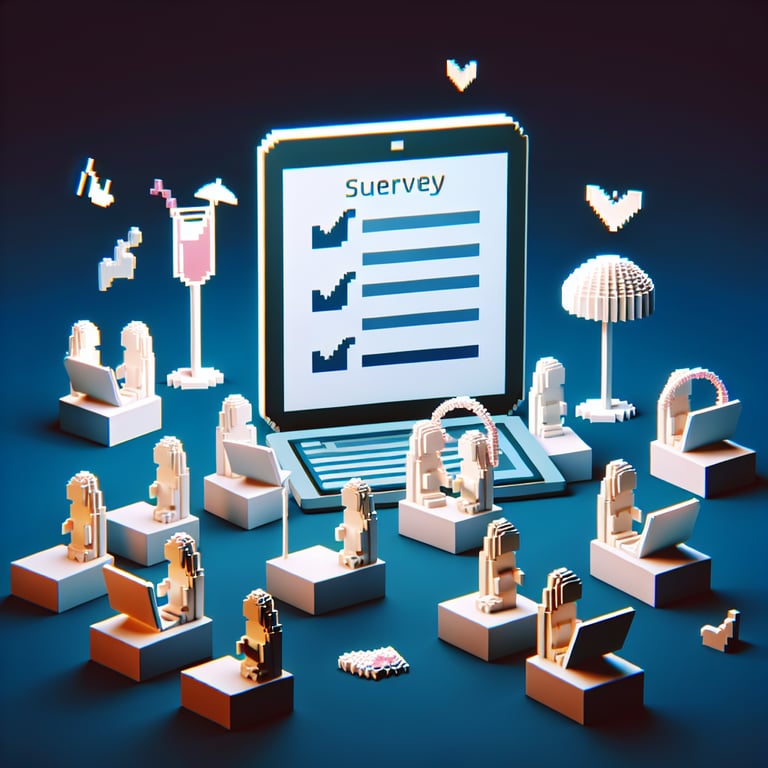 3D voxel art showcasing online bachelorette surveys on a dark blue background.