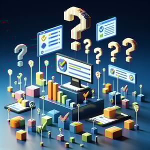 3D voxel art depicting the concept of online customer satisfaction surveys on a dark blue background.