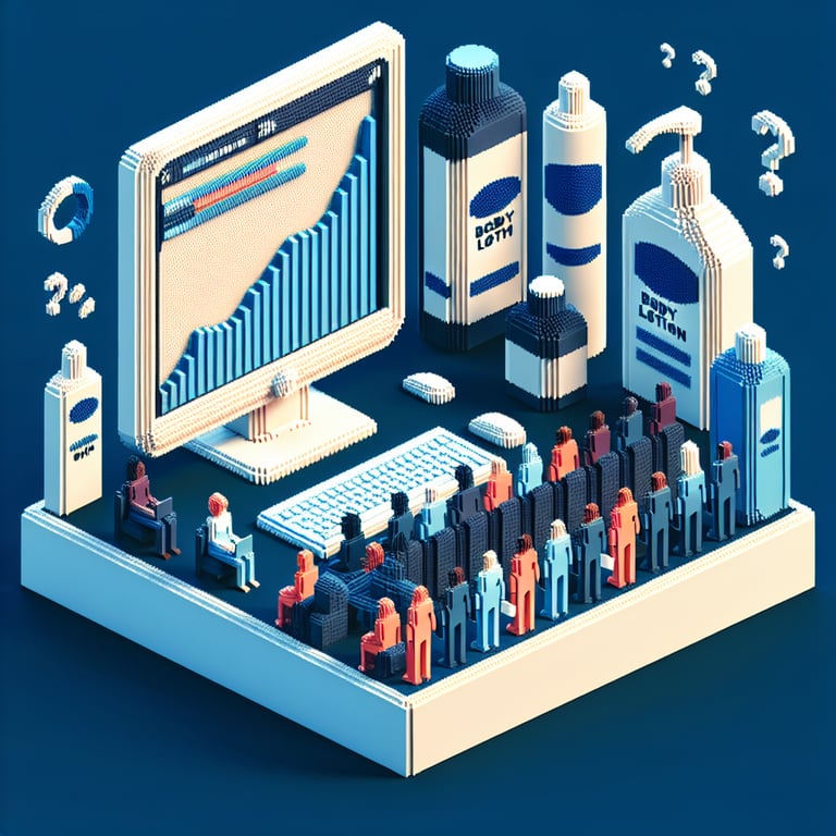 3D voxel art illustrating the concept of online body lotion surveys on a dark blue background.