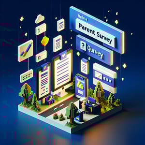 3D voxel art representing online parent survey questions on a dark blue background.