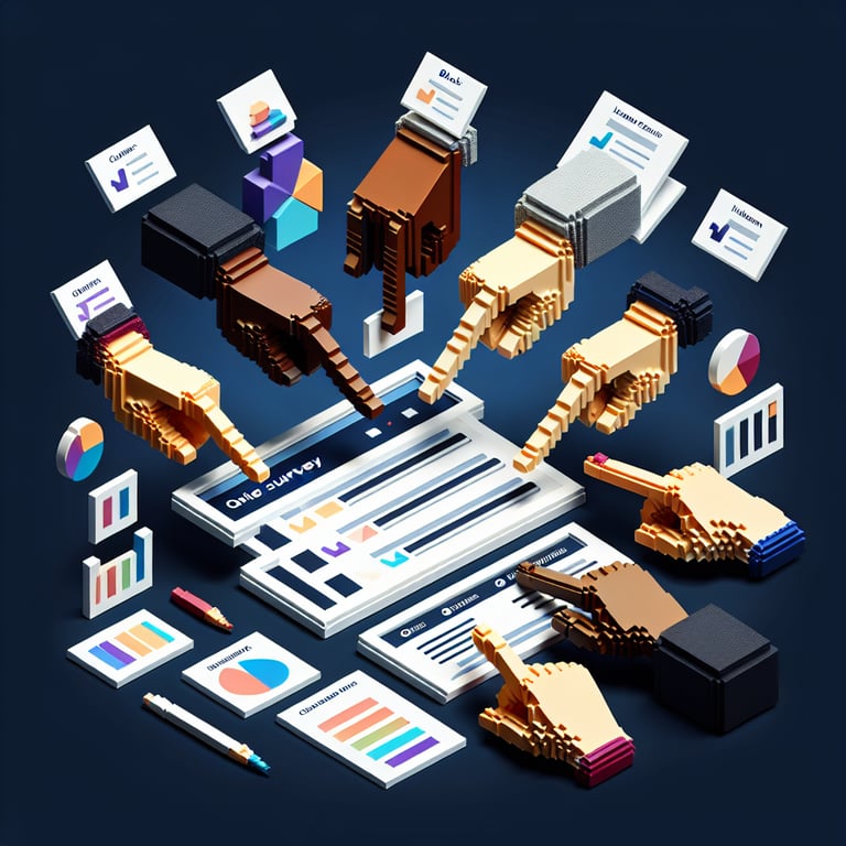 3D voxel art depicting online demographic surveys, set against a dark blue background.
