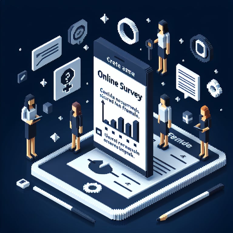 3D voxel art depicting online surveys, with a focus on female-oriented questions, against a dark blue background.