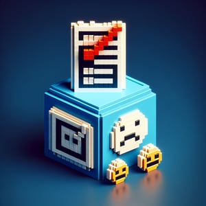 3D voxel art depicting online customer satisfaction surveys with a dark blue background.