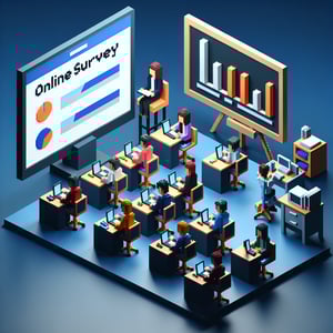 3D voxel art depicting online student engagement surveys on a dark blue background.