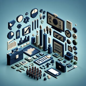 3D voxel art illustrating the concept of online business demographic surveys on a dark blue background.