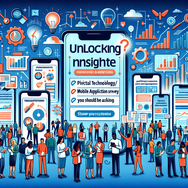 Illustration depicting key Technology/Mobile Application survey questions for unlocking insight.