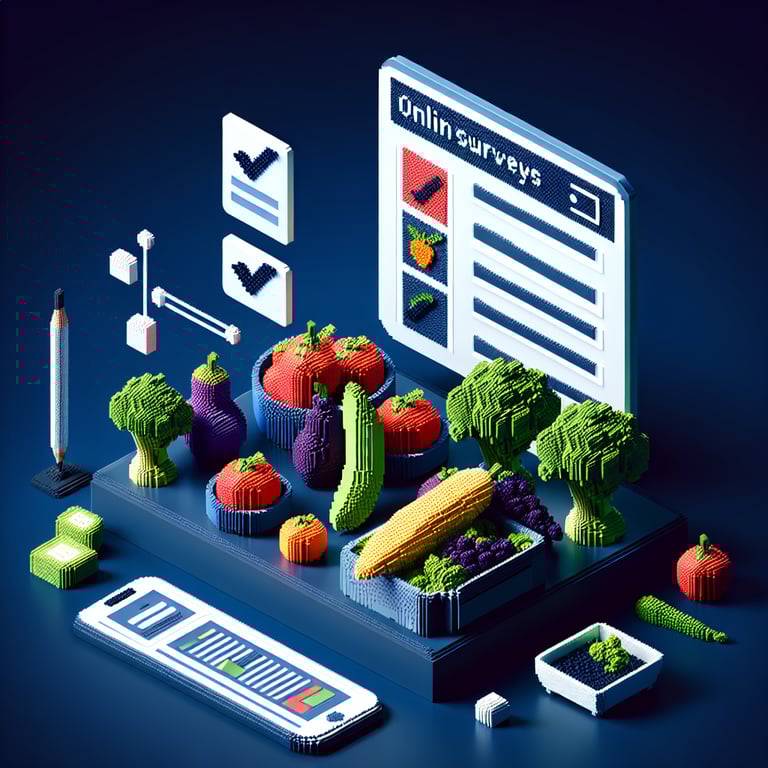 3D voxel art depicting online surveys about fruit and vegetable consumption on a dark blue background.