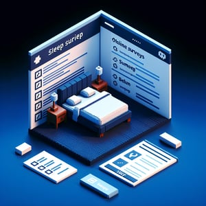 3D voxel art depicting online sleep survey concept on a dark blue background.