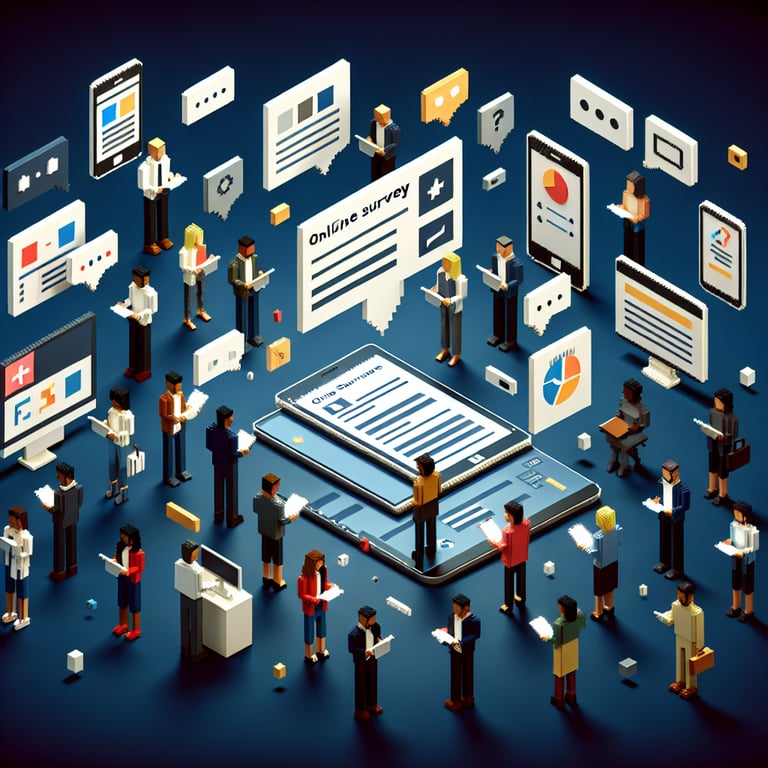 3D voxel art depicting the concept of validated employee engagement surveys on a dark blue background.