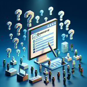 3D voxel art depicting online customer service surveys, set against a dark blue background.