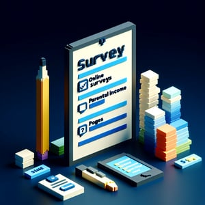 3D voxel art depicting a computer with survey questions about parents
