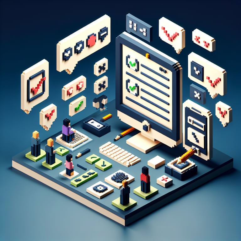 3D voxel art illustrating online surveys on a dark blue background, conveying the concept of best UX survey questions.