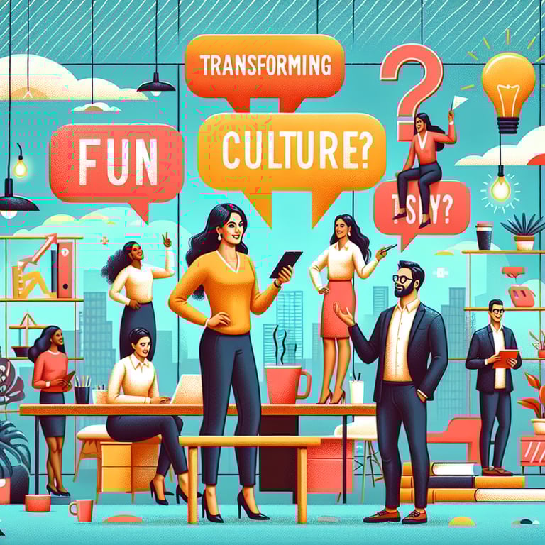 Illustration depicting the transformation of work culture through Workplace Fun survey questions.