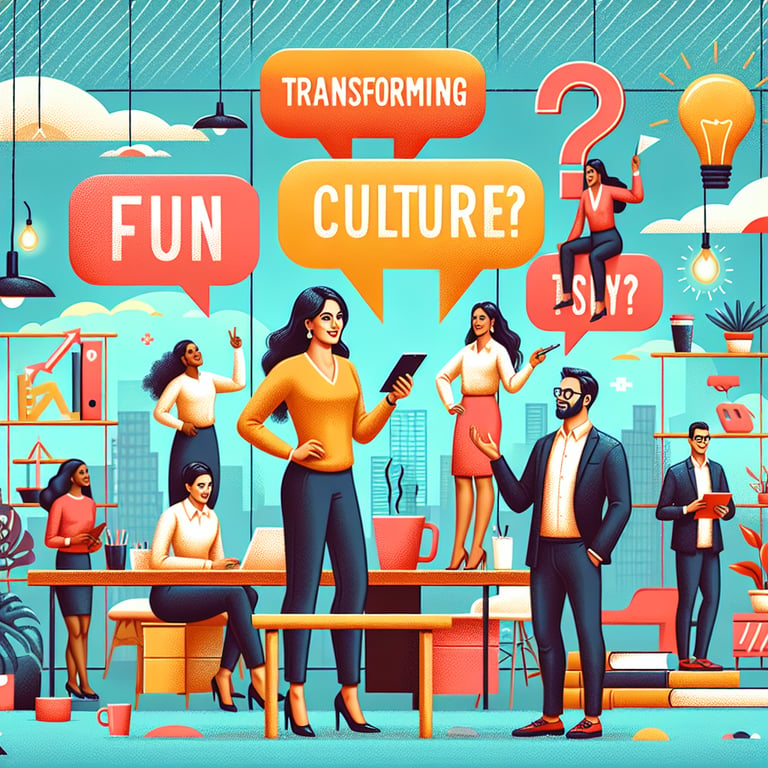 Illustration depicting the transformation of work culture through Workplace Fun survey questions.