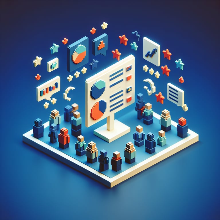 3D voxel art representing online rating sessions surveys on a dark blue background.