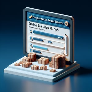 3D voxel art depicting online procurement department surveys on a dark blue background.