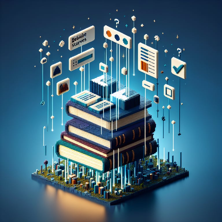 3D voxel art depicting online book surveys against a dark blue background.
