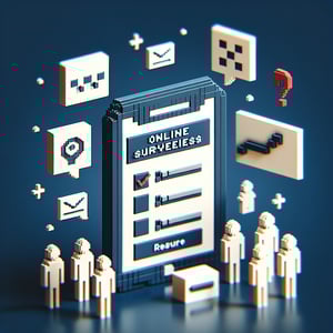 3D voxel art depicting online student surveys on a dark blue background.