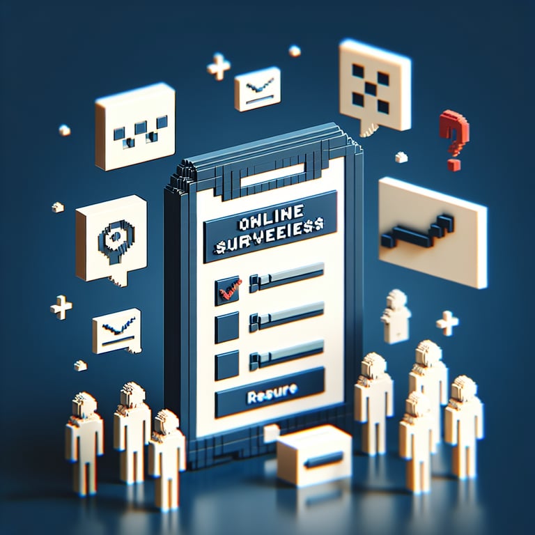 3D voxel art depicting online student surveys on a dark blue background.