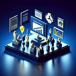 3D voxel art depicting the concept of online employee morale surveys on a dark blue background.