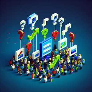 3D voxel art depicting the concept of online command climate surveys on a dark blue background.