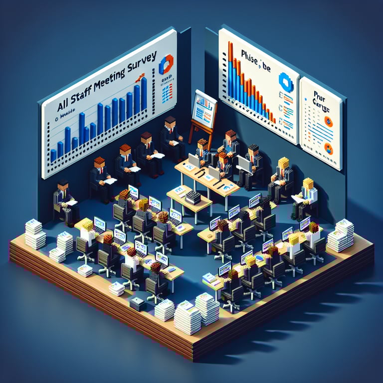 3D voxel art depicting online surveys with dark blue background, symbolizing all staff meeting surveys.