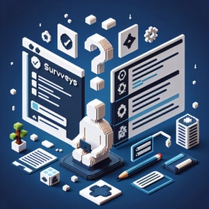 3D voxel art depicting online surveys on occupational stress for physical therapists on a dark blue background.