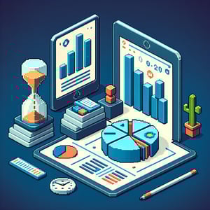 3D voxel art depicting the concept of online surveys about employment duration, on a dark blue background.