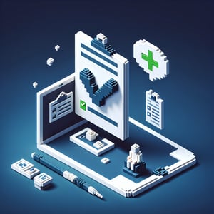 3D voxel art illustrating online patient satisfaction survey with a dark blue background.