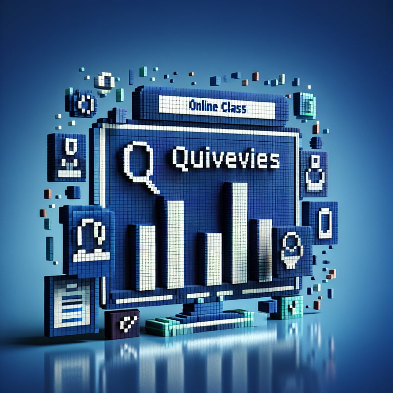 3D voxel art depicting online class survey concept on a dark blue background.