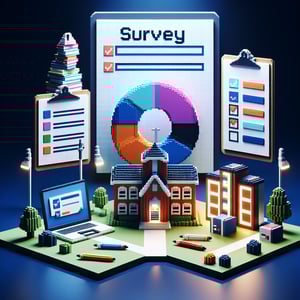 3D voxel art depicting online surveys on a dark blue background, symbolizing grade-related questions.