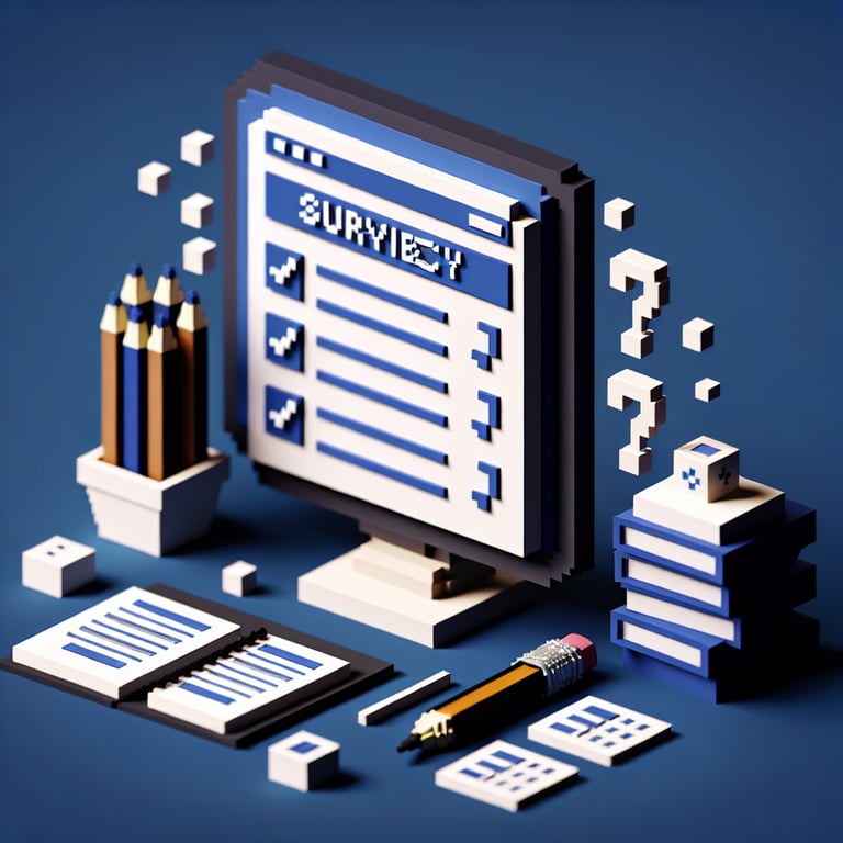 3D voxel art representing online school policy surveys on a dark blue background.