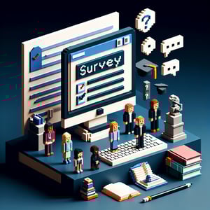 3D voxel art depicting the concept of online college course surveys on a dark blue background.