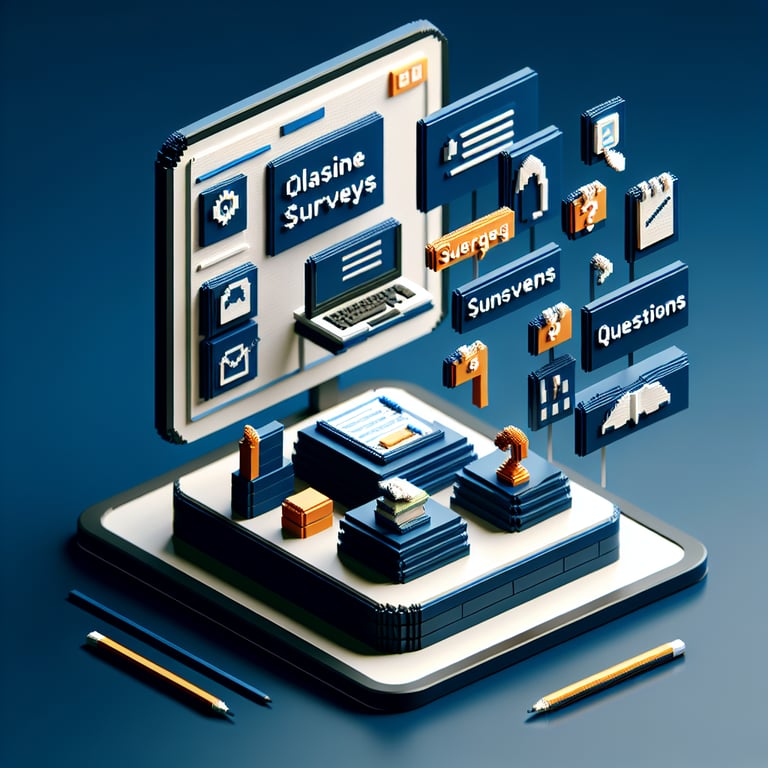 3D voxel art illustrating the concept of online class surveys on a dark blue background.