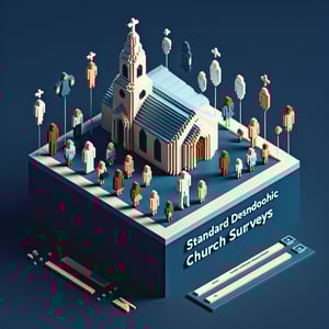 3D voxel art depicting online church demographic survey with a dark blue background.