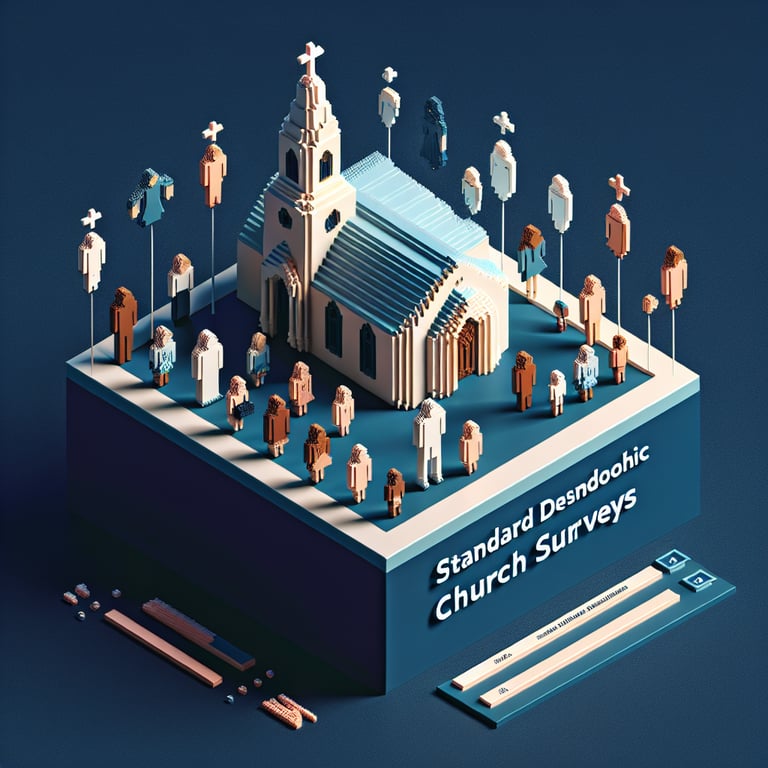3D voxel art depicting online church demographic survey with a dark blue background.