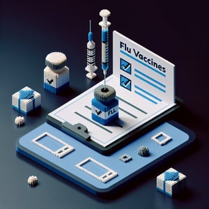 3D voxel art depicting online flu vaccine survey concept on a dark blue background.