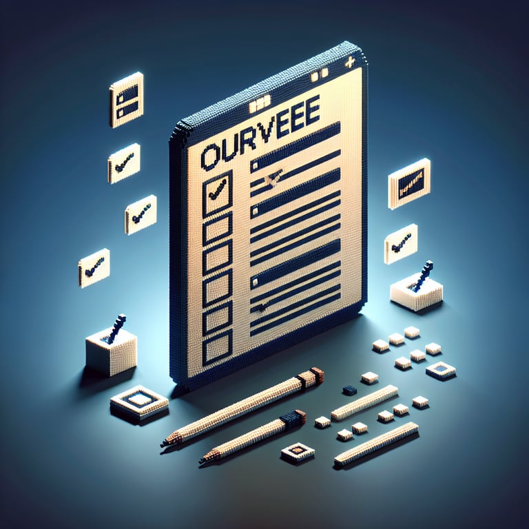 3D voxel art depicting online survey concept on a dark blue background, focused on living situation queries.