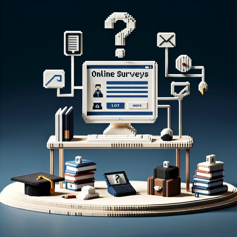 3D voxel art depicting online survey concept on a dark blue background for continuing education.