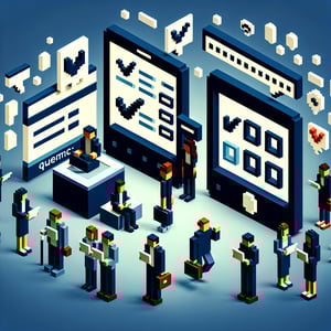3D voxel art depicting online surveys with a dark blue background, symbolizing basic marketing surveys.
